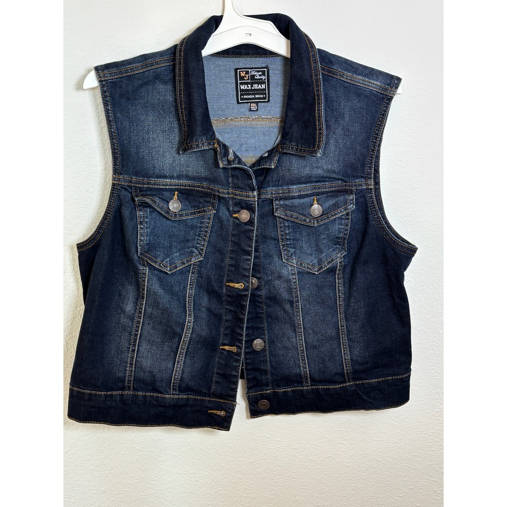 Wax Jean Premium Denim Vest Dark Wash Button Front Sleeveless Jacket 2XL
